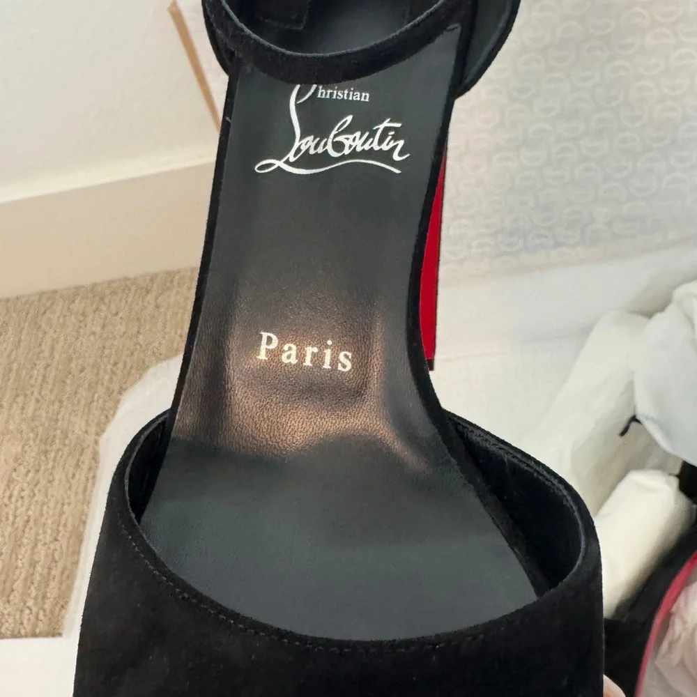 Christian Louboutin Black Suede Platform Peep-Toe Heels with Red Sole
